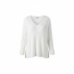 TRENDHAUS Cozy White Ribbed V-Neck Knit Sweater