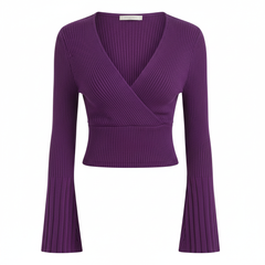 TRENDHAUS Elegant Deep Green Ribbed V-Neck Wrap Sweater Top