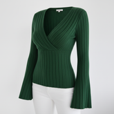 TRENDHAUS Elegant Deep Green Ribbed V-Neck Wrap Sweater Top