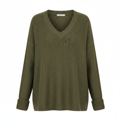 TRENDHAUS Cozy White Ribbed V-Neck Knit Sweater