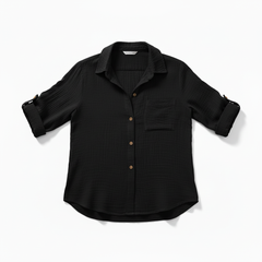 TRENDHAUS Classic Black Casual Roll-Sleeve Button-Up Shirt