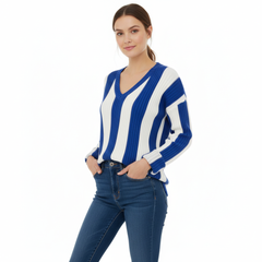 TRENDHAUS Black & White Vertical Stripe Ribbed V-Neck Sweater