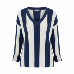TRENDHAUS Black & White Vertical Stripe Ribbed V-Neck Sweater