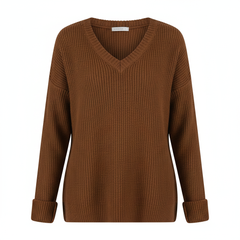 TRENDHAUS Cozy White Ribbed V-Neck Knit Sweater