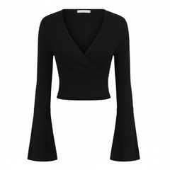 TRENDHAUS Elegant Deep Green Ribbed V-Neck Wrap Sweater Top