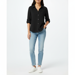 TRENDHAUS Classic Black Casual Roll-Sleeve Button-Up Shirt