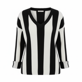 TRENDHAUS Black & White Vertical Stripe Ribbed V-Neck Sweater