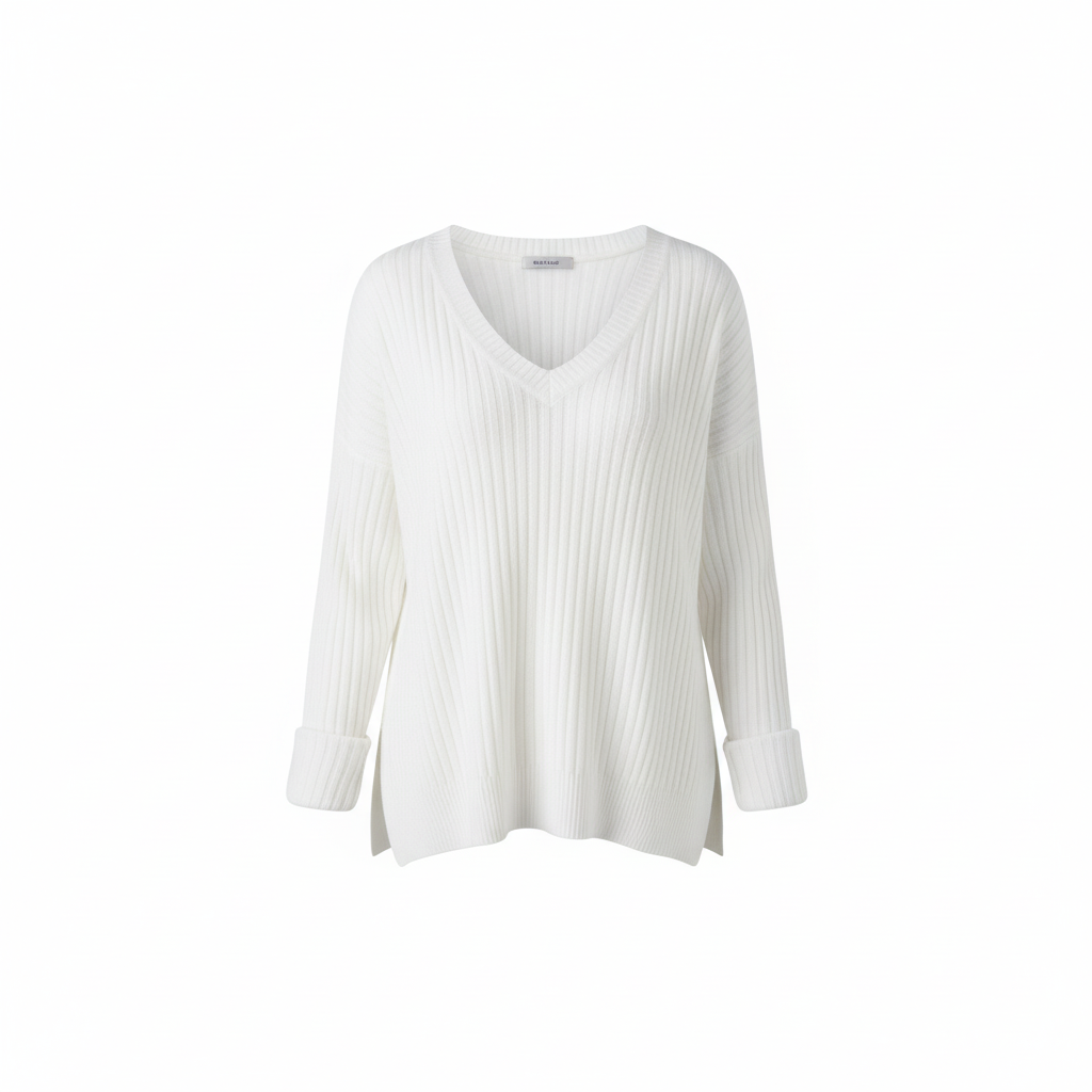 TRENDHAUS Cozy White Ribbed V-Neck Knit Sweater