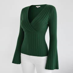 TRENDHAUS Elegant Deep Green Ribbed V-Neck Wrap Sweater Top