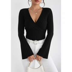 TRENDHAUS Elegant Deep Green Ribbed V-Neck Wrap Sweater Top