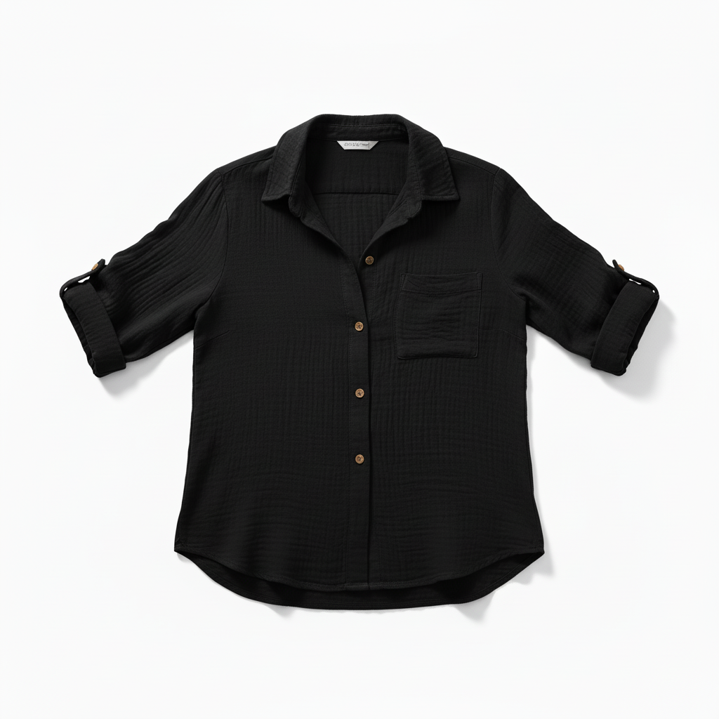 TRENDHAUS Classic Black Casual Roll-Sleeve Button-Up Shirt