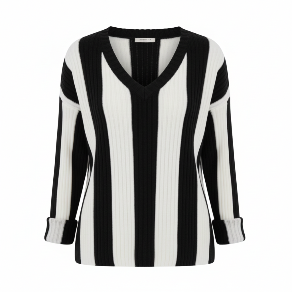TRENDHAUS Black & White Vertical Stripe Ribbed V-Neck Sweater
