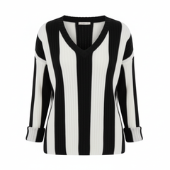 TRENDHAUS Black & White Vertical Stripe Ribbed V-Neck Sweater